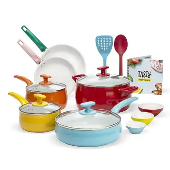 Набор керамической посуды с антипригарным покрытием, усиленной титаном, многоцветный, кухонные принадлежности из 16 предметов