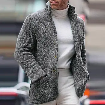 Мужской винтажный свитер с воротником-стойкой, повседневная куртка, однобортный свитер с воротником-стойкой, карманы с длинными рукавами, Тонкий свитер, пальто