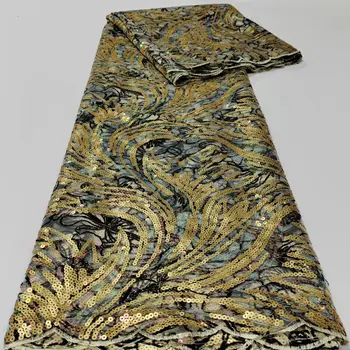 Роскошная французская сетчатая кружевная ткань с золотыми 3D блестками бархатная ткань 2023 Высококачественное кружево африканская кружевная ткань свадебное платье YYZ792