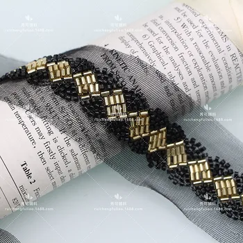 1 ярд Золотой Черной тяжелой кружевной ленты ручной работы с бисером, отделка из тесьмы, Вышитый воротник, Африканский сетчатый шнур для шитья